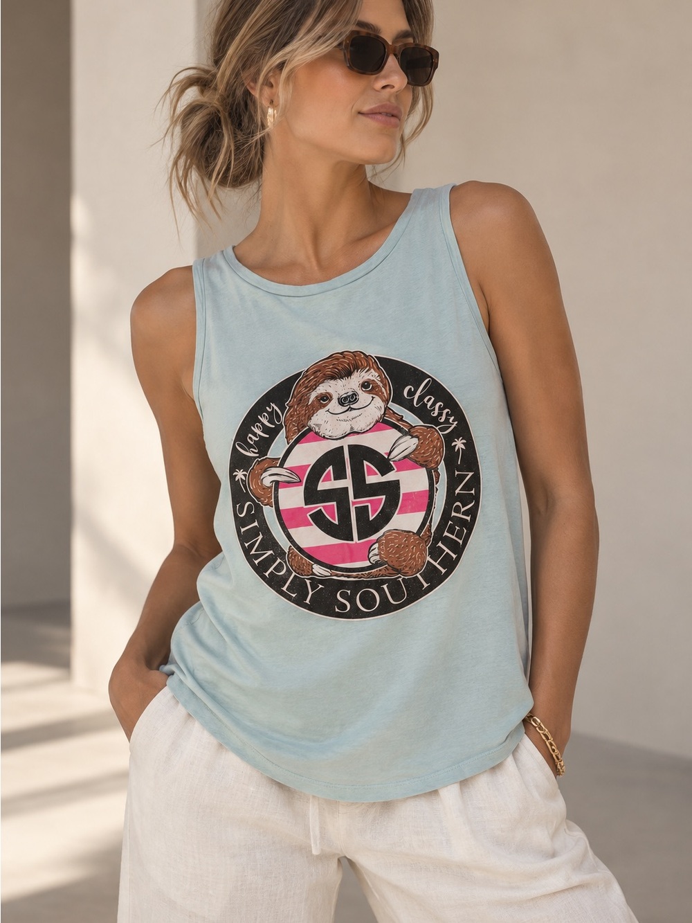 Simply Southern Light Blue Sleeveless Tank Happy & Classy Sloth Size Medium